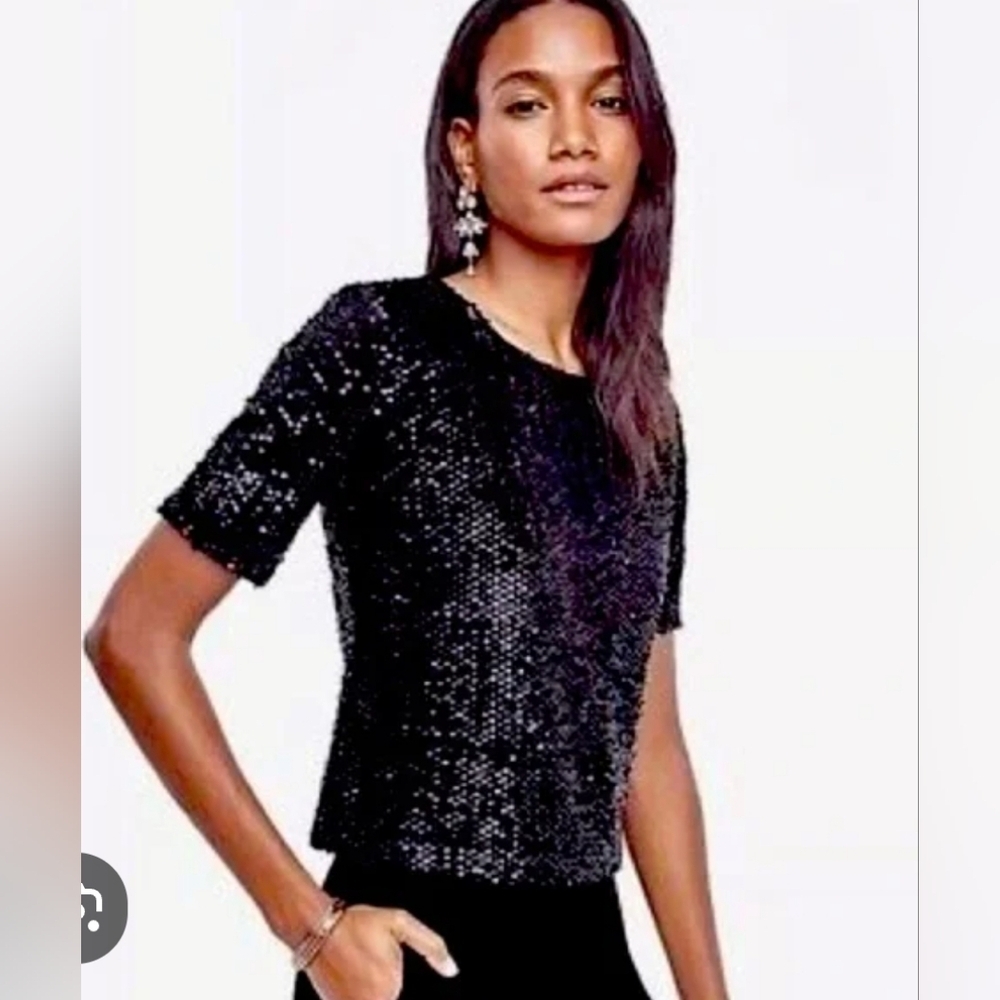 Ann Taylor Petite Sz S Black Sequin Shirt Holiday